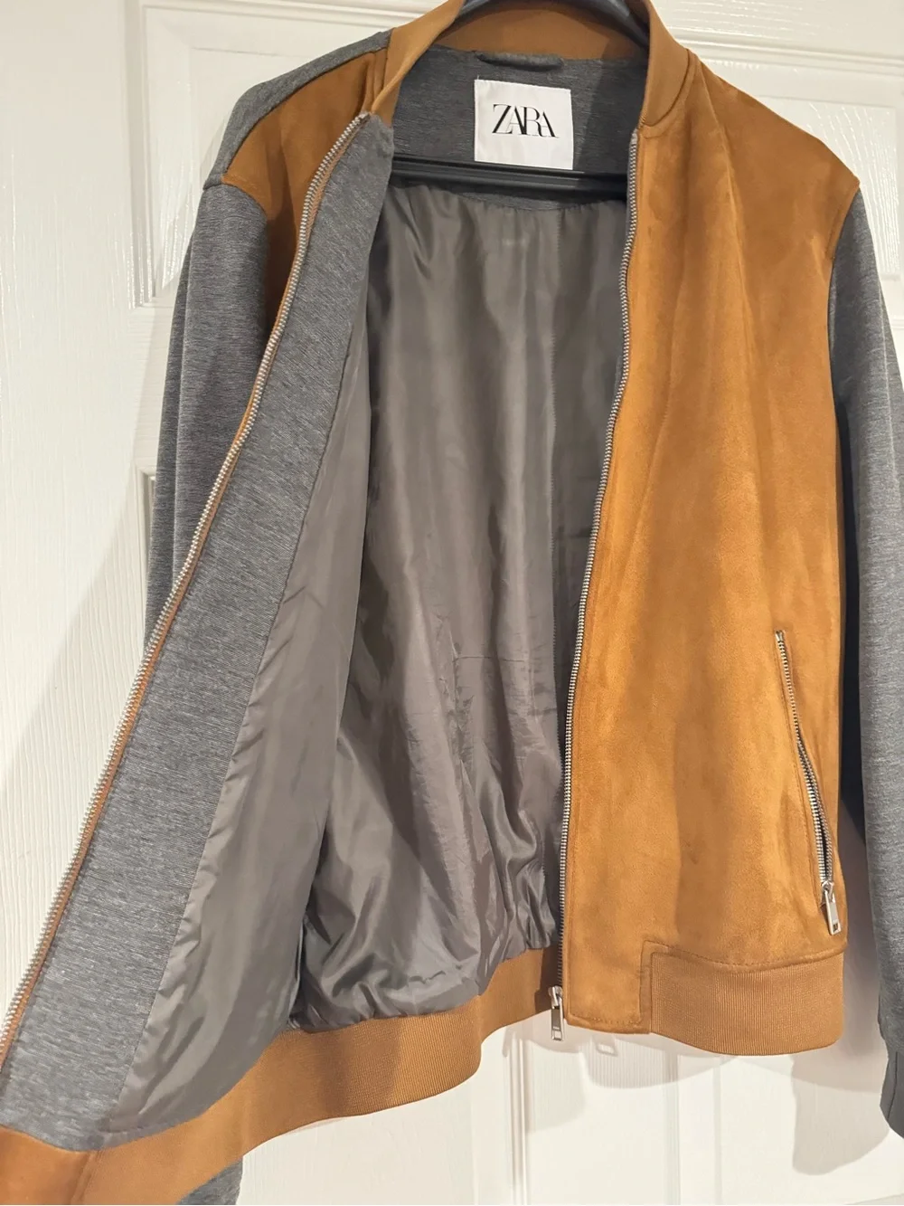 Zara Two-Tone Suede-Look Bomber Jacket in Camel and Grey